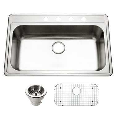 Houzer Premier 33 inch Stainless Steel Drop-in Topmount Single Bowl Kitchen Sink with Strainer & Grid